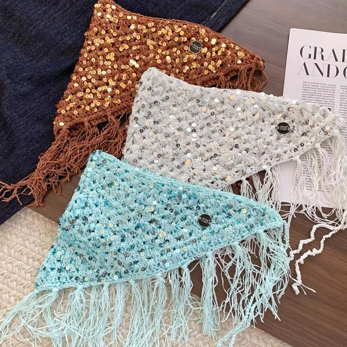 Women Boho Ethnic Knitted Triangular Wrap Skirt Tassel Fringe Hip Headband Aesthetic Layering Half Skirt Triangular Headband