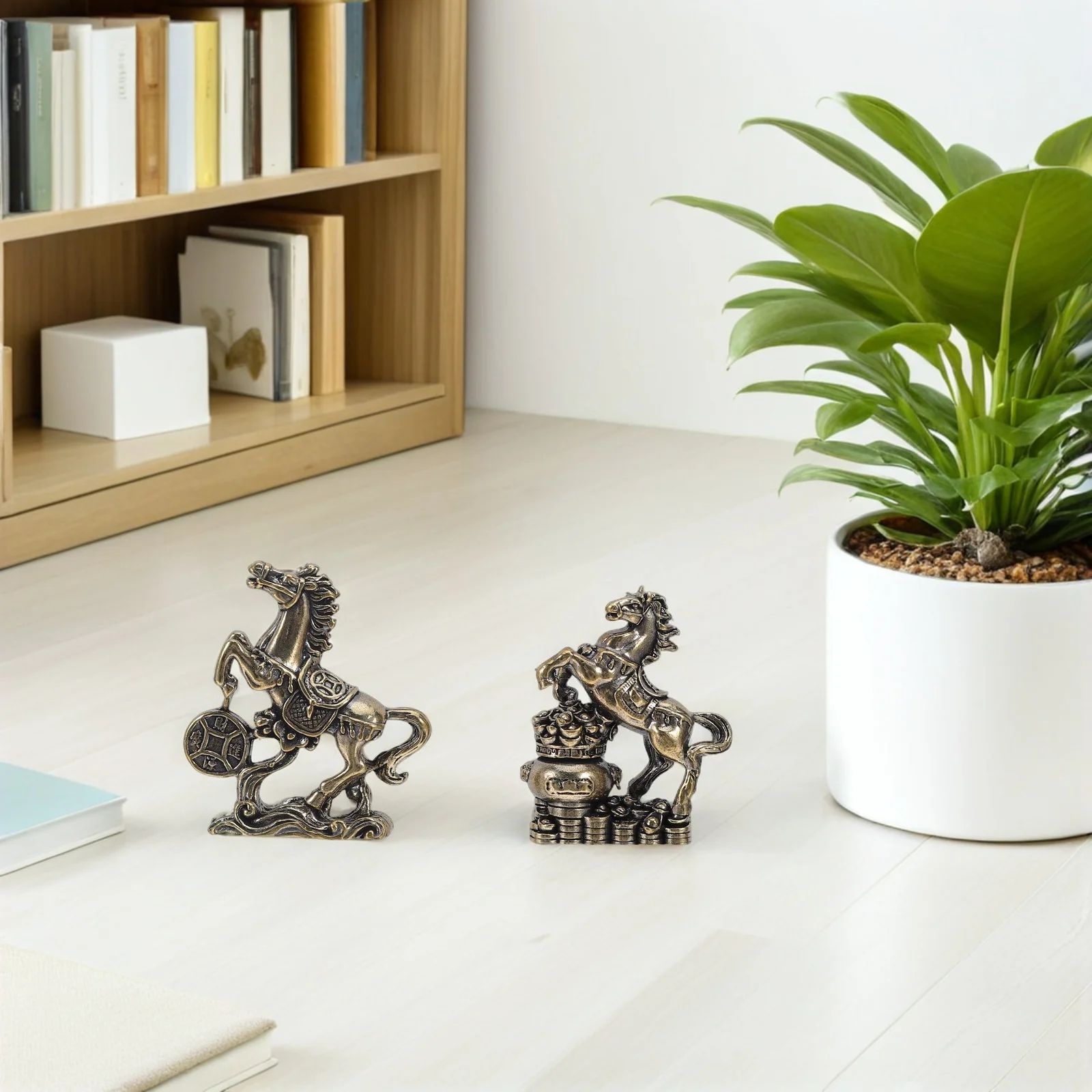 

2Pcs Brass Running Horse Statues - Elegant Metal Horse Desktop Decor - Feng Shui Good Luck Charm for Car Home Office