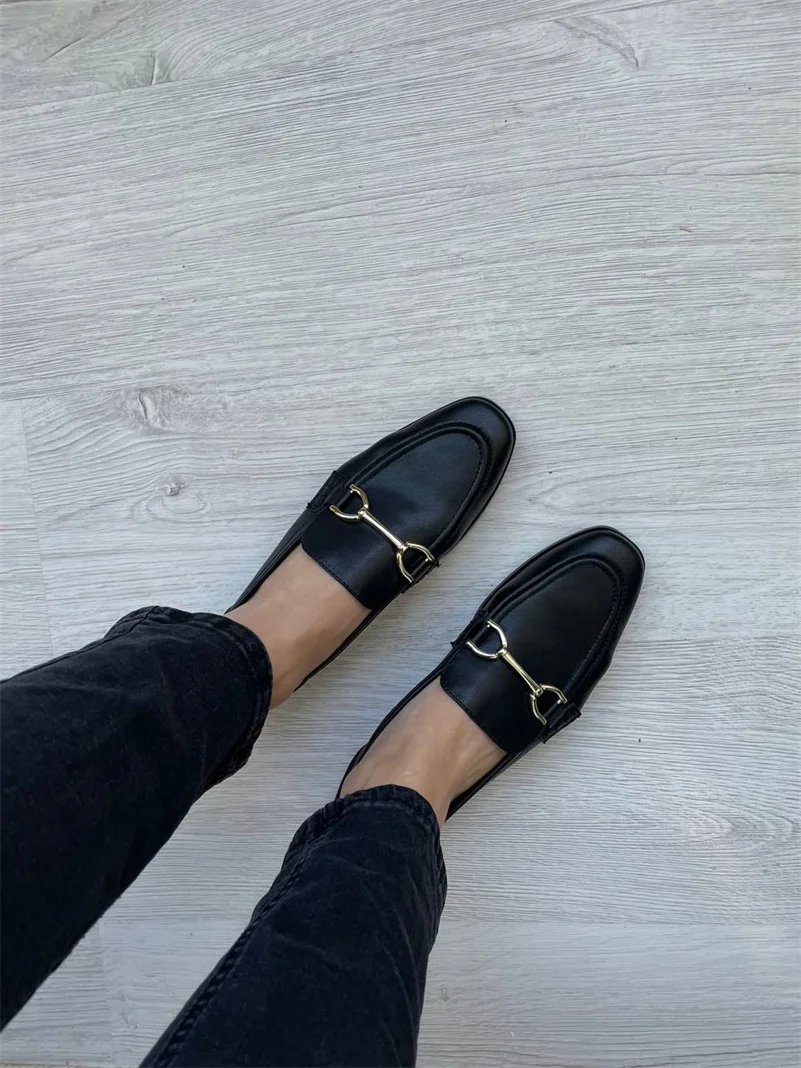 Meotina INS ZA Women Loafers Shoes Genuine Leather Flat Shoes Round Toe Metal Decoration Ladies Footwear Spring Autumn Brown 43