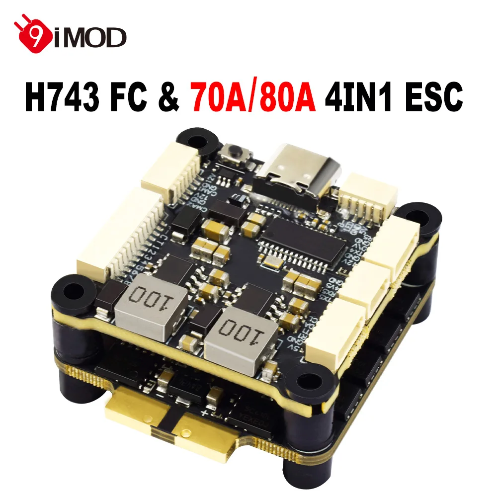 

9IMOD H743 Flight Stack Управление полетом 4в1 70A/80A ESC 3-8S Lipo 30,5x30,5 мм Dual ICM42688 Gyro 7 UART для RC FPV Racing Drone