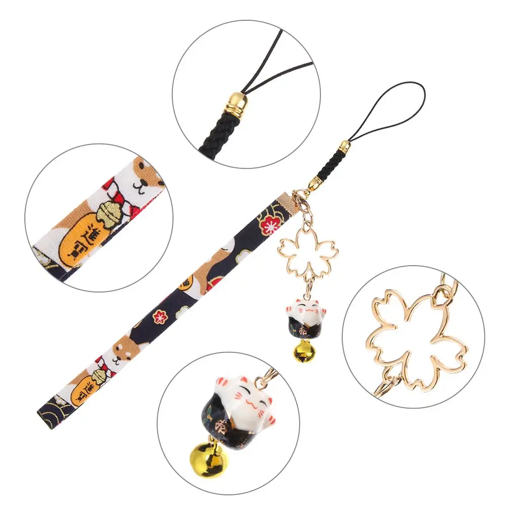 Lucky Cat Bells แขวนเชือกโทรศัพท์สายคล้อง Anti-Lost Lanyard Lucky Cat Bell SAKURA โทรศัพท์ Lanyard พวงกุญแจเชือกข้อมือ