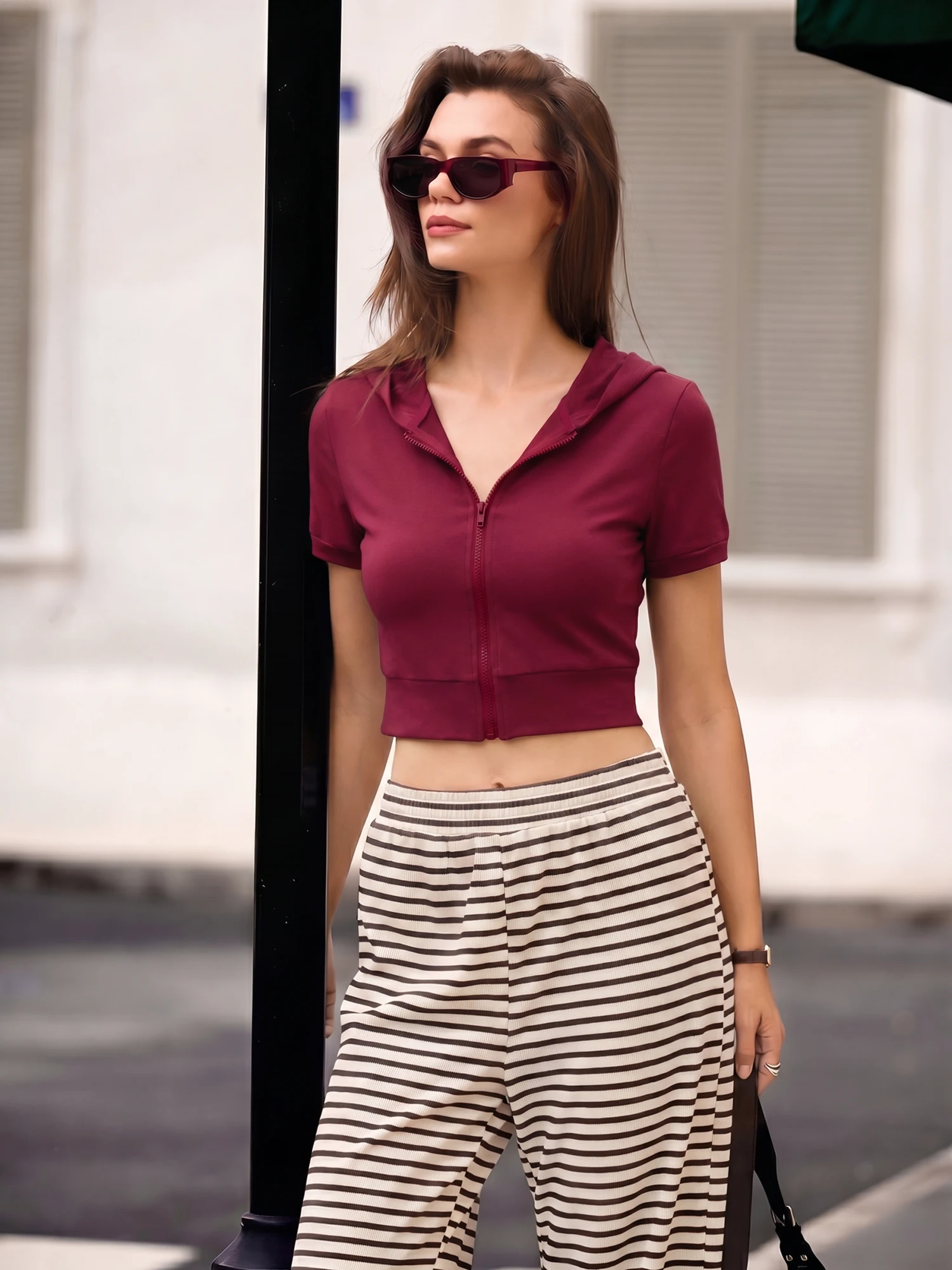 Trendy Y2K Hooded Crop T-Shirt Short Sleeve Zip Up Slim Bodycon Street Fashion Women Top
