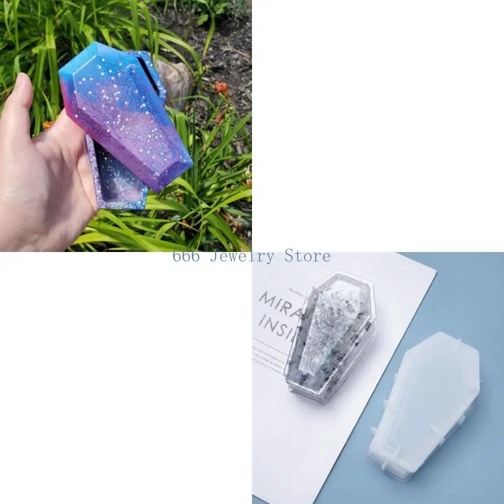 F2TD DIY Halloween Coffin Storage Box Mirror Silicone Mould Crafts Decoration Jewelry for Case Making Crystal Epoxy Resin Mol