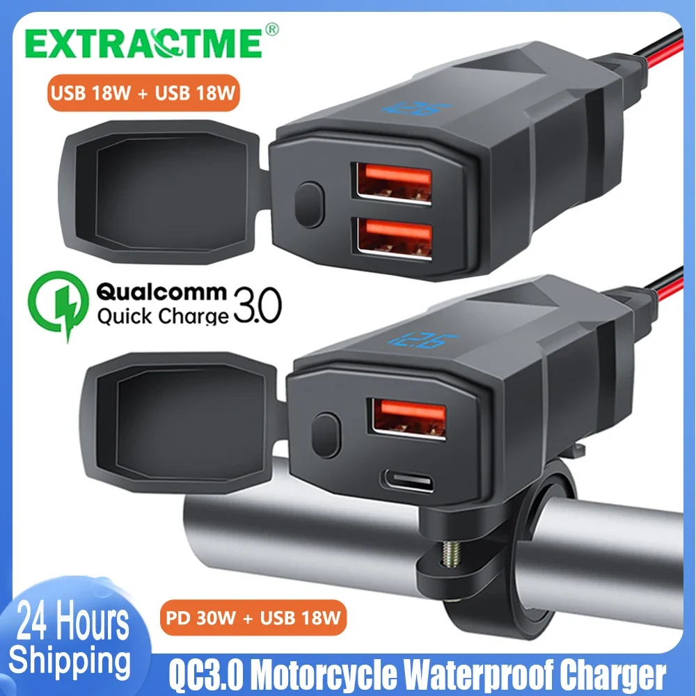 

Extractme Мотоциклетное USB-зарядное устройство Водонепроницаемое QC3.0 USB + зарядное устройство типа C со шнуром Вольтметр Адаптер питания для мотоцикла