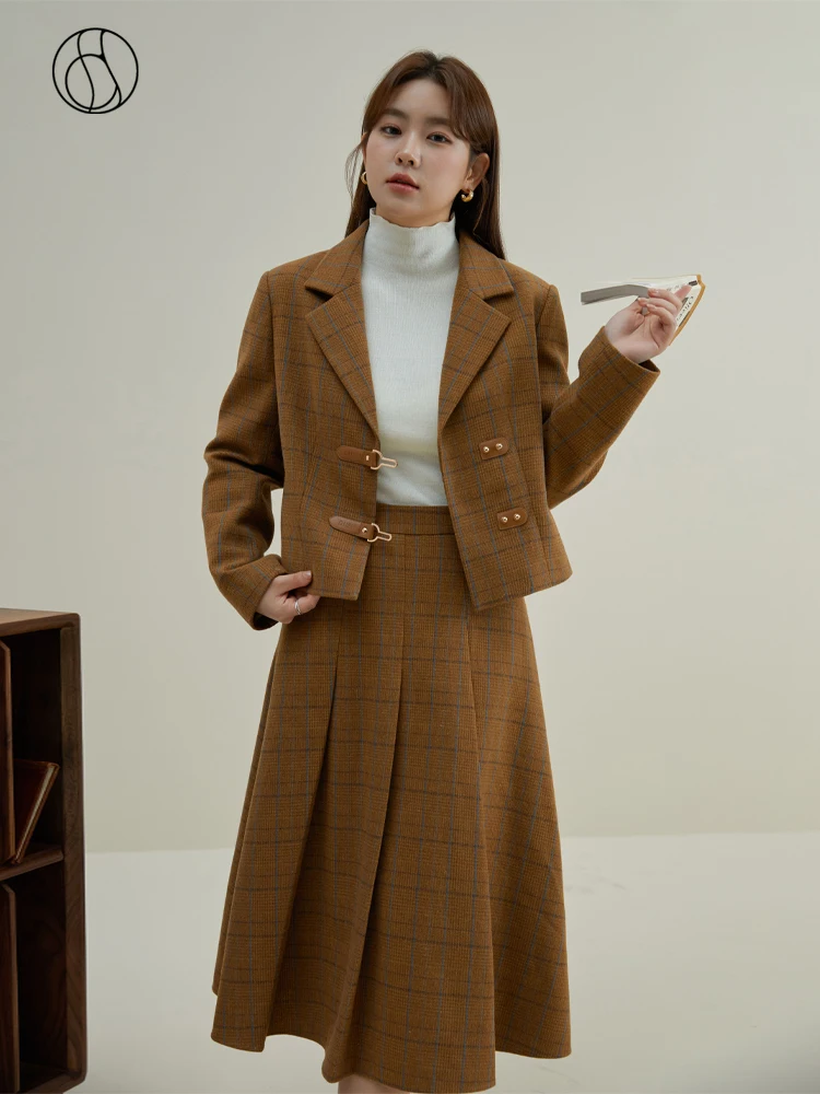 DUSHU Retro British Style Pattern Suit for Women 202 Winter Chic Design Short Coat + High Waist Skirt Plus Size Suit Set Female