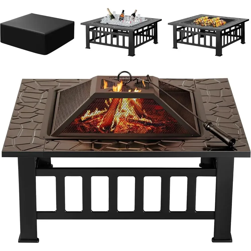 32-Inch Metal Outdoor Fire Pit with Waterproof Cover for Patio and Camping (Black)