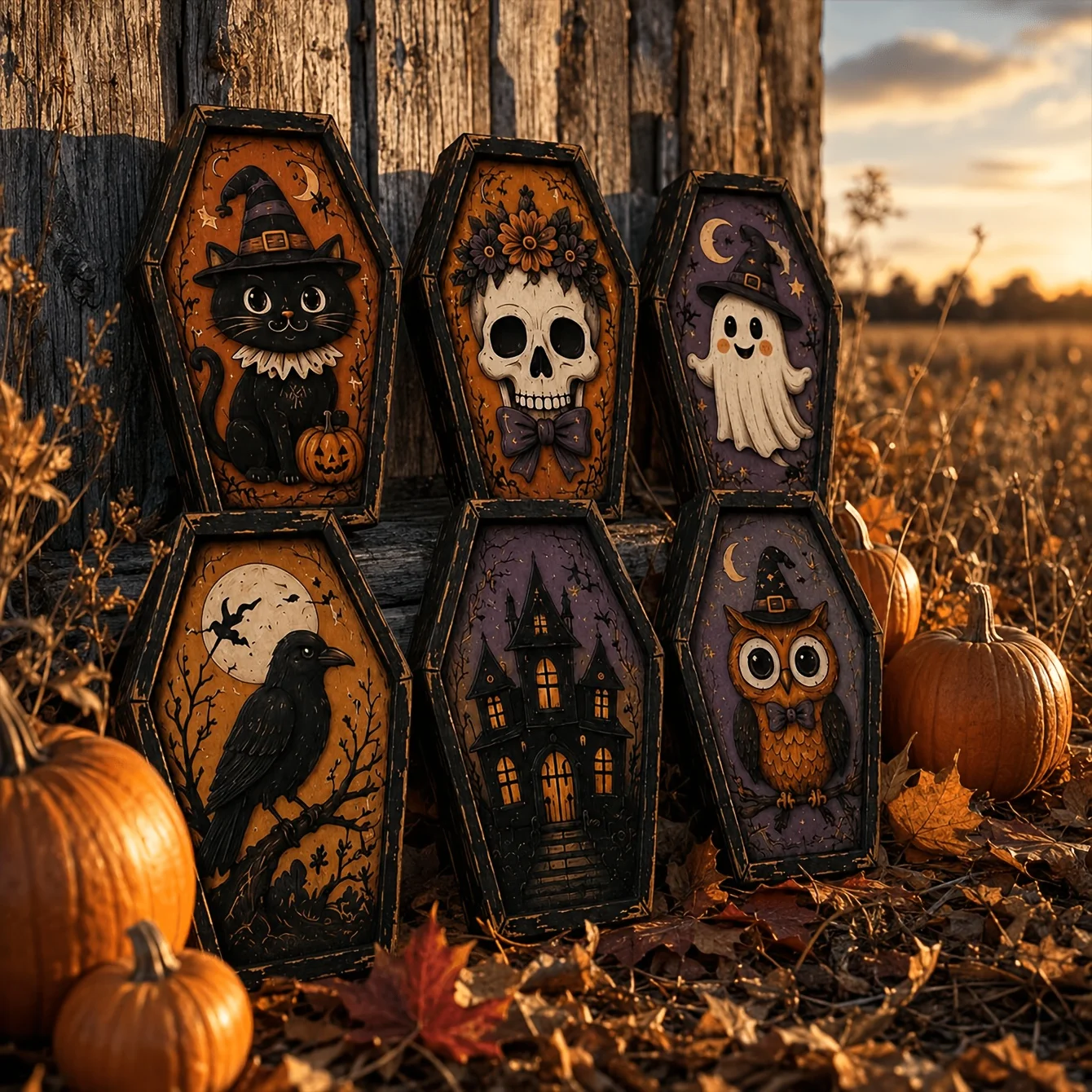 6pcs Wide Halloween Indoor Decor Wooden Block Table Ornament Coffin Shaped Home Decoration Sign Entryway Door Decor Halloween