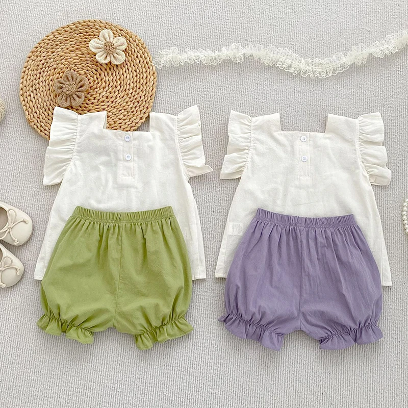 2025 New Summer Toddler Baby Girls Clothing Set Flying Sleeve Cotton Embroidered Shirt+Shorts Newborn Baby Girls Clothing Suit