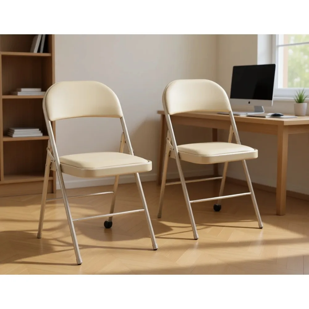 

Two Pack Leather Padded Folding Chairs Stackable Steel Frame Indoor Outdoor Commercial Home Office Party Comfy Khaki
