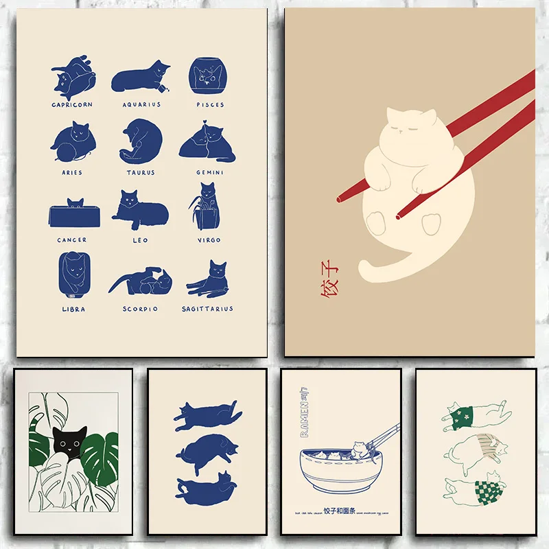 Japanische Retro Sleepy Kitties Leinwanddrucke Poster Japandi süße Katze Tier Illustration Kunstdrucke Küche Home Decor Kunst Poster