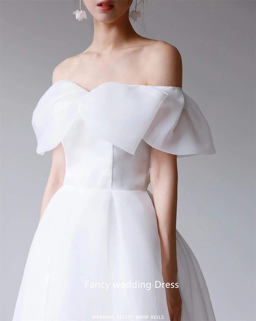 Fancy Korea Off Shoulder Trouwjurk Strik Korte Mouw Een Lijn Galajurk Organza Vloerlengte Avondfeestjurken