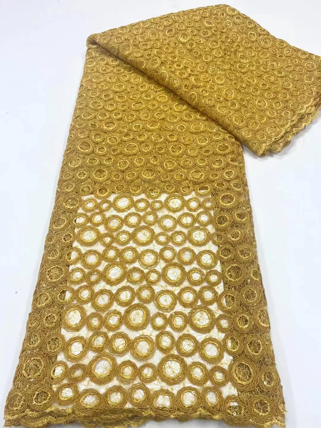 

Gold African Guipure Lace Fabric with sequins Embroidery Nigerian Cord Lace Fabric 2023 High Quality For Party Dress Sewing