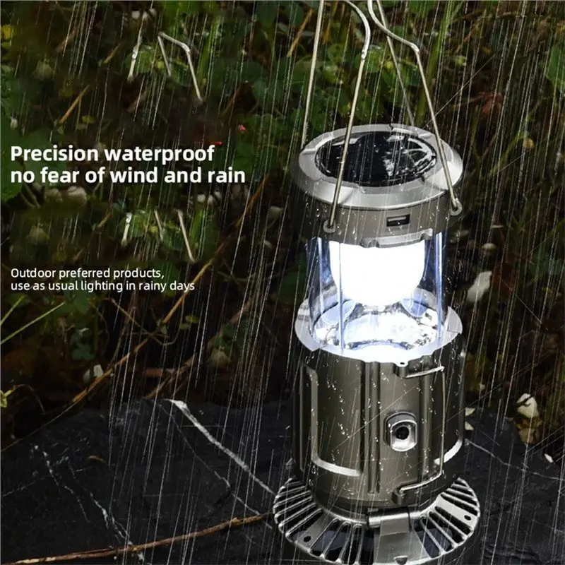 ABUL-USB Charging Station Solar Camping Lantern 2-In-1 With LED Light And Adjustable Fan, US Plug Included Silver