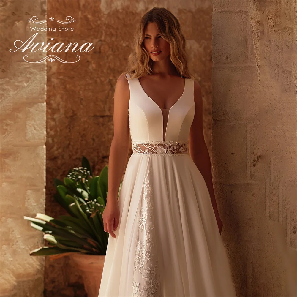 Aviana مخصص ألف خط العميق الخامس الرقبة بلا أكمام الدانتيل فستان الزفاف عارية الذراعين طول الأرض سويب تراين أنيقة التطريز أحدث #4
