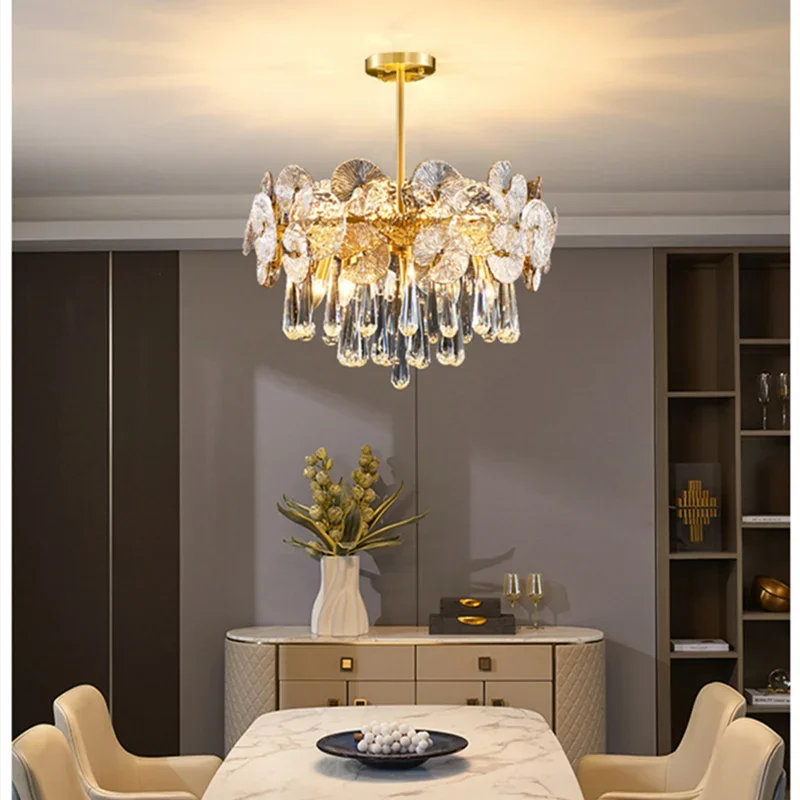 

Nordic Lotus Flower Crystal Round Led Pendant Lamp for Living Dining Room Villa Conference Hall Home Design Lusters Luminaires