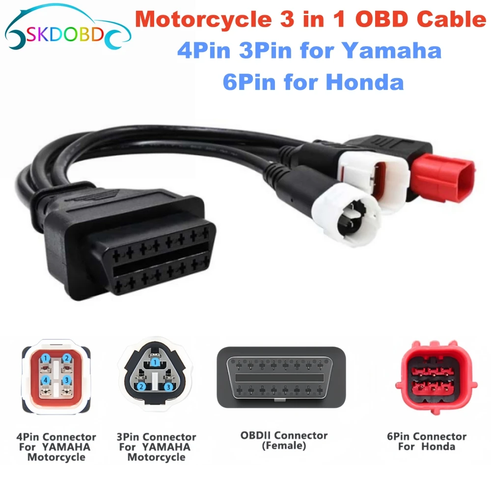 Newest 3 IN 1 for Yamaha 3pin 4pin and Honda 6pin OBD2 Motorcycle Diagnostic Connector Cable Adapter OBD 2 Motor Extension cable 