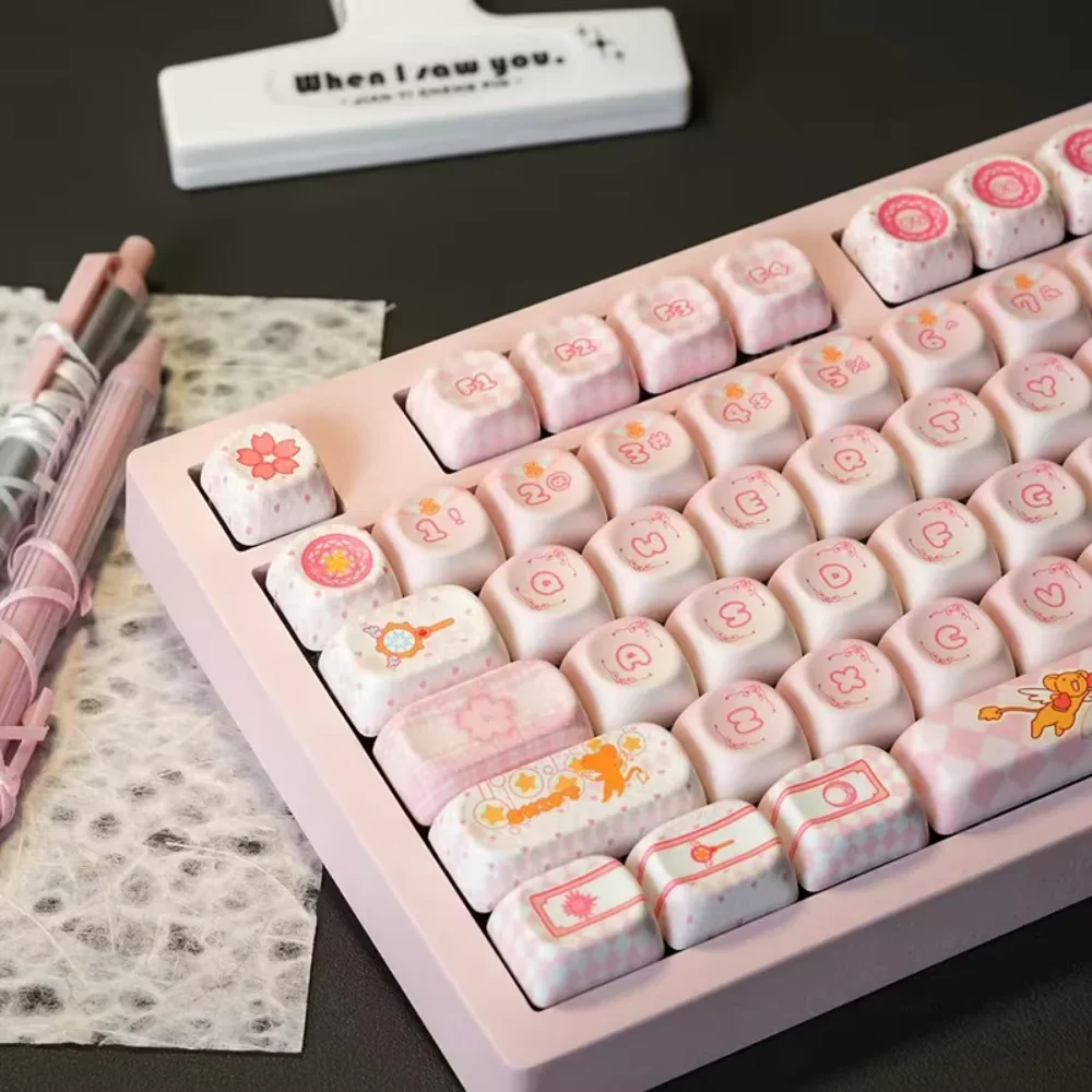 133 Key MOA Keycap PBT Cartoon Keycap Cute Sakura Suitable for 60/64/84/98/108 Gaming Mechanical Keyboard MX Switch