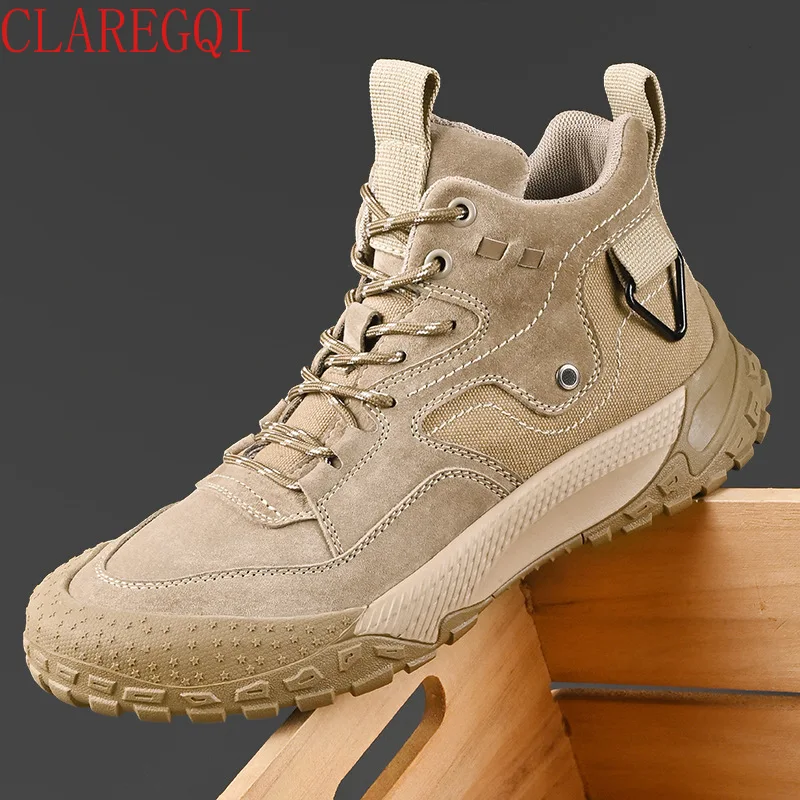 OutdoorHigh Top Mens Leather Boots Comfortable And Wear Resistant Site Work Boots Anti Slip Mountain Climbing Boys Walking Boots