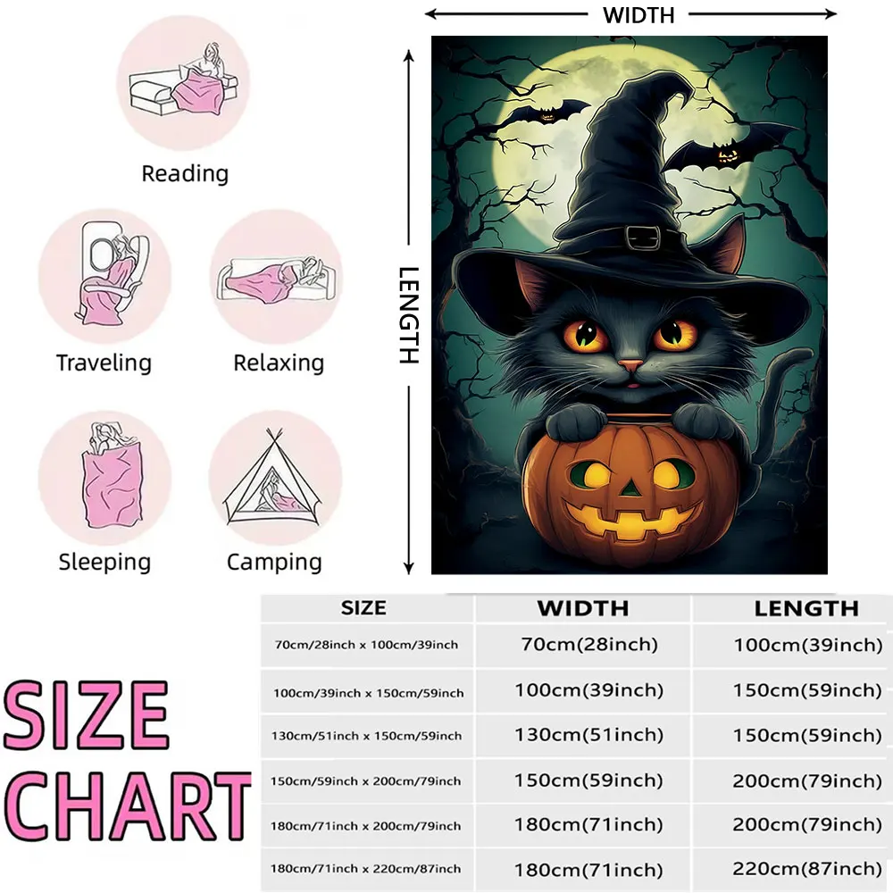 1pcs 230g flannel blanket with a Halloween black cat wearing a wizard's hat and holding a pumpkin lantern, soft and comfortab