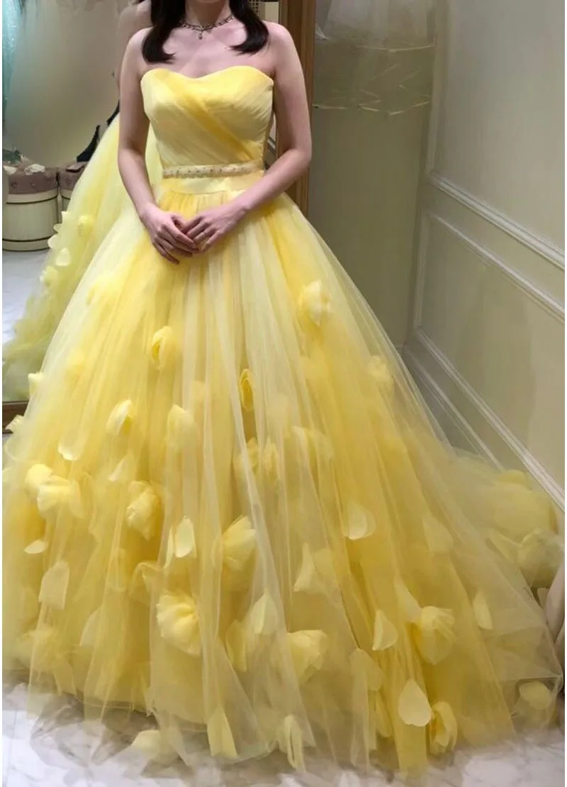 Bright Yellow Wedding Dress Strapless Sweetheart High Waist Handmade Flowers Sweep Train Lace Up Back Event Gown Sizes Available