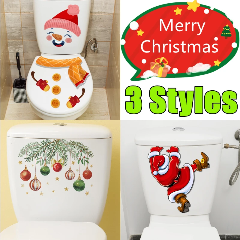 New Toilet Stickers Christmas Santa Claus Snowman Green Plants Pattern Self-adhestive Decal Festive Home Decor for Kids Bathroom