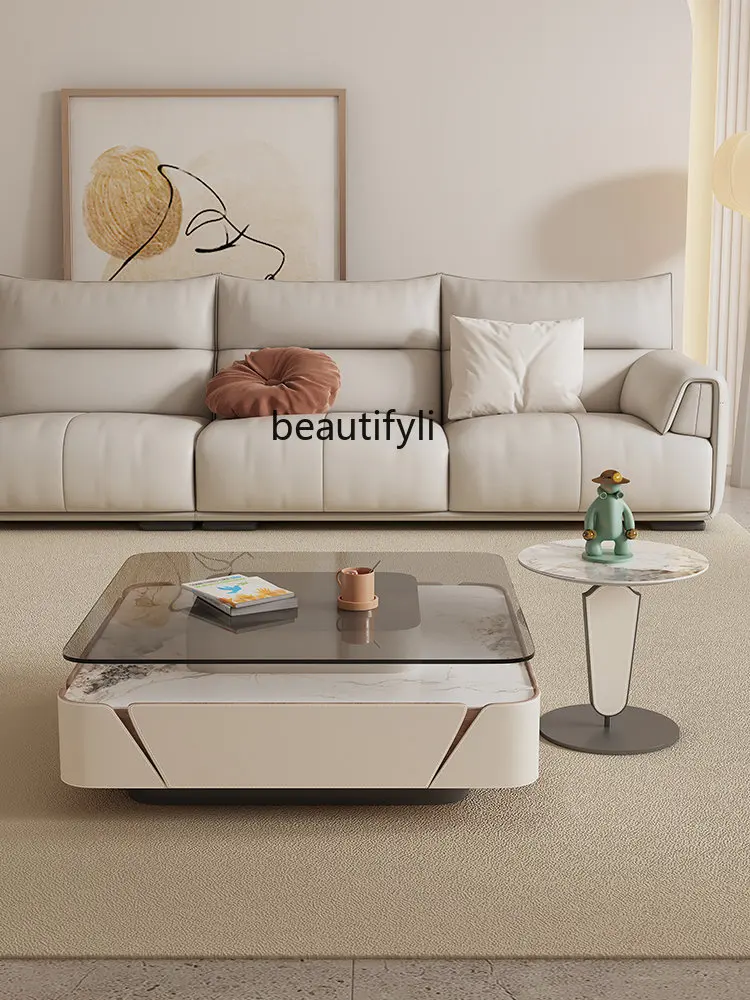 

zq Coffee Table Tempered Glass Countertop Living Room Can Be Equipped with Stone Plate Side Table Saddle Leather Square Table