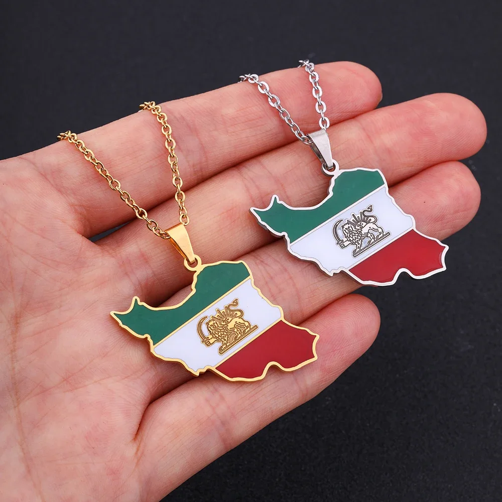 Fashion Enamel Iran Map Flag Pendant Necklaces Iranian Stainless Steel Jewelry for Women Men Girls Party Birthday Gifts