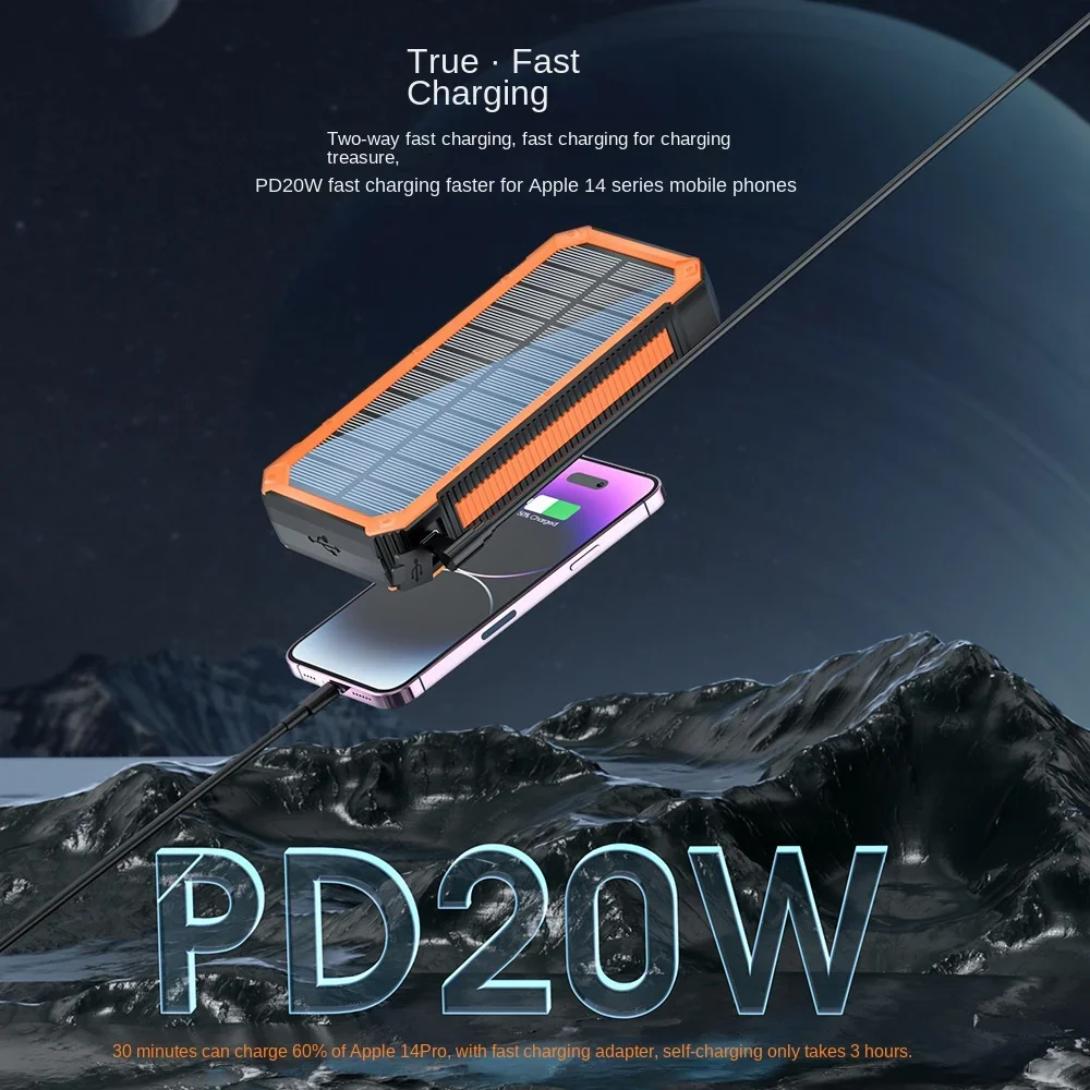 Waterproof Solar Mobile Power Supply PD Fast Charging 30000mAh Mountaineering Lighting Without Any Line Power Bank