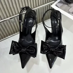 Elegant Designer Ankle Strap Stilettos for Woman Patent Leather Bow Pointed Toe Slingbacks High Heels Sandals Women Pumps Shoes
