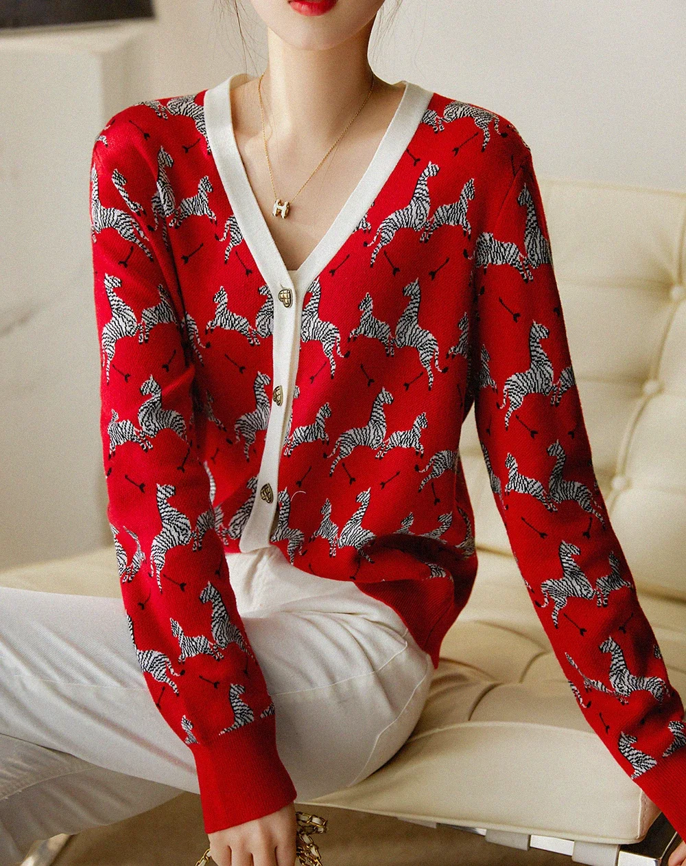 Printed Red Cardigans Women Spring Knitted Coats Women Autumn Printed Res Sweaters Femme Cardigans