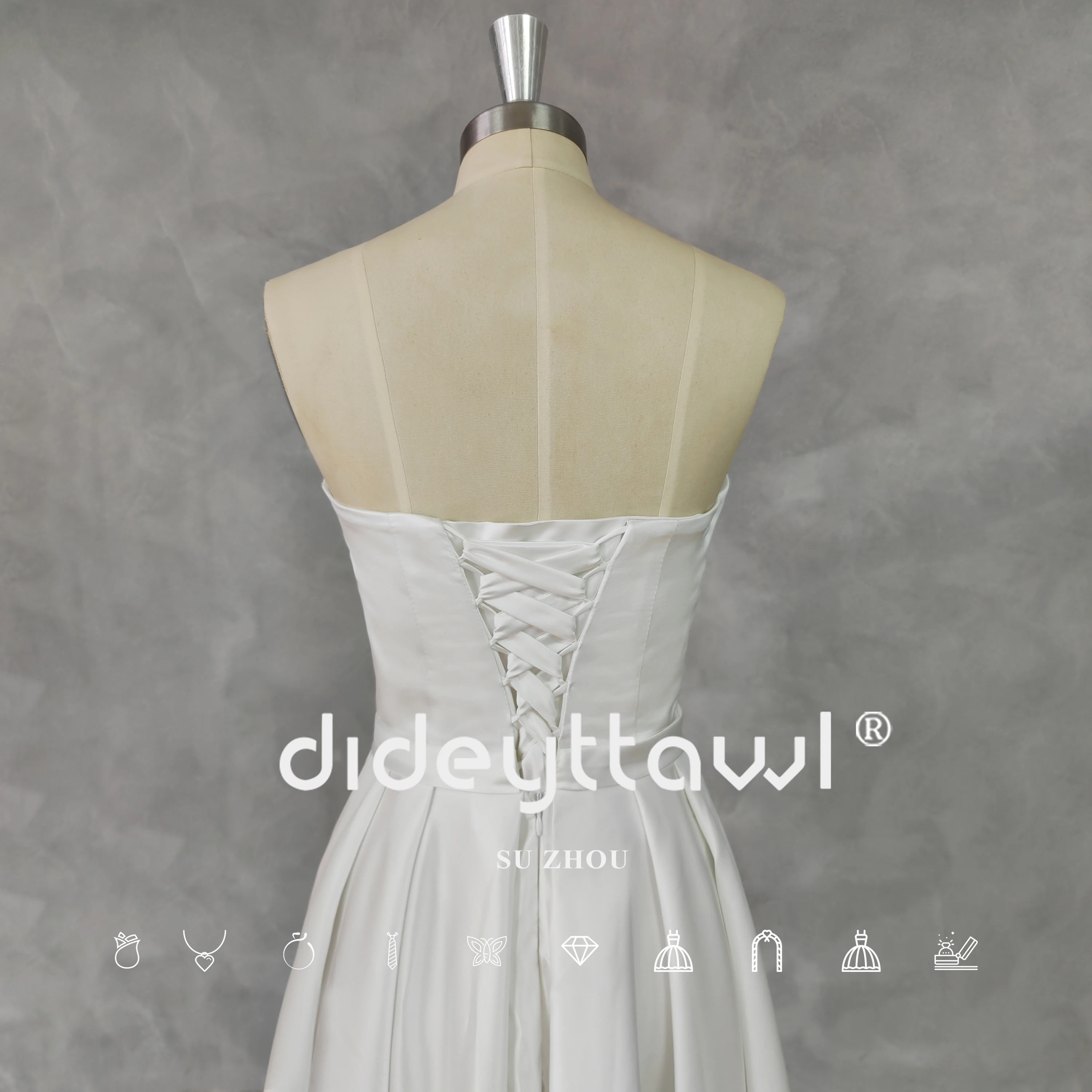 DIDEYTTAWL Real Picture Simple Deep Strapless A-Line Satin Wedding Dress Lace Up Back Mid Length Bridal Gown Custom Made