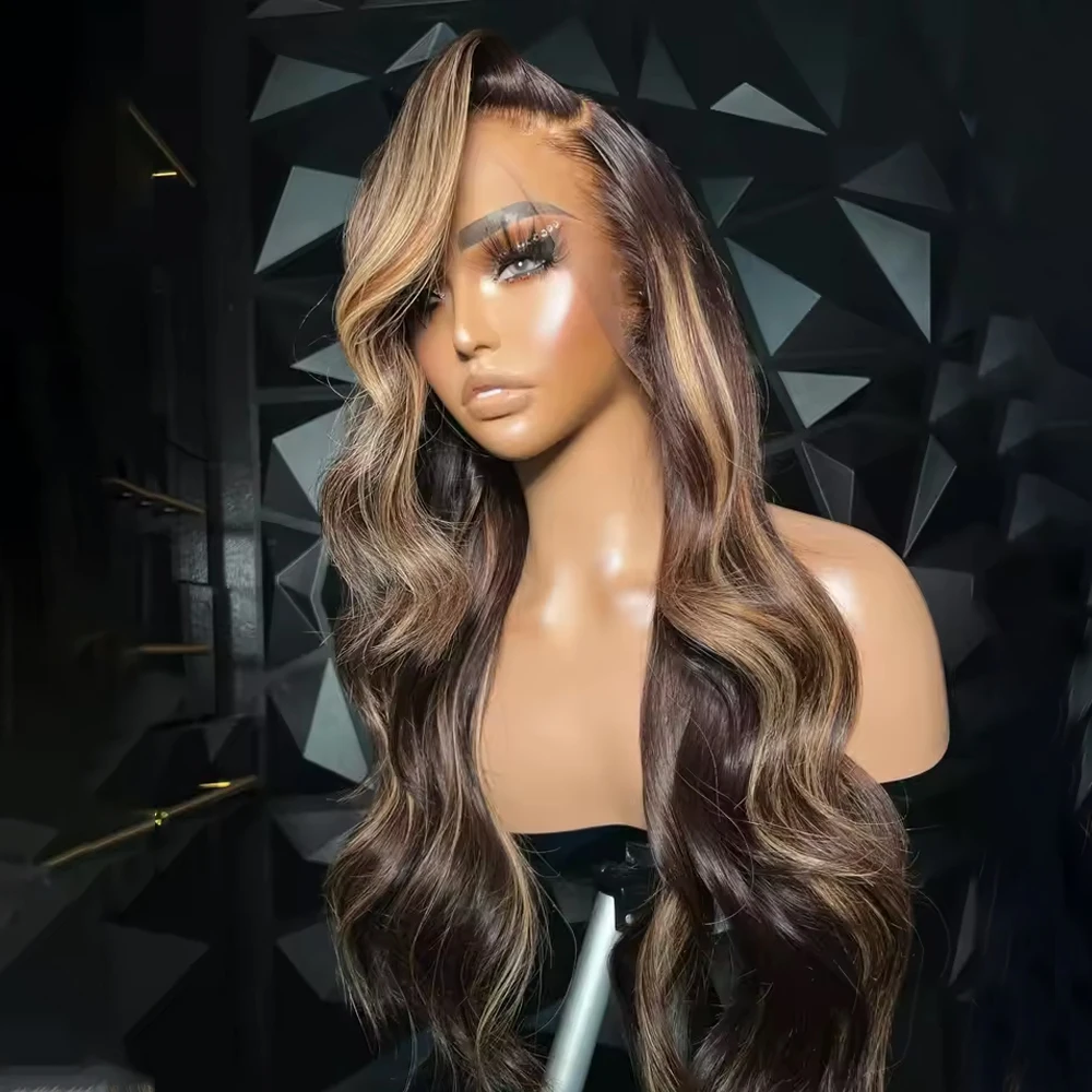 ハイライトオムブレレースフロントウィッグ合成13x6-hd透明ボディウェーブ4-27ハニーブロンドレースフロントウィッグ接着剤不要ウィッグコスプレ