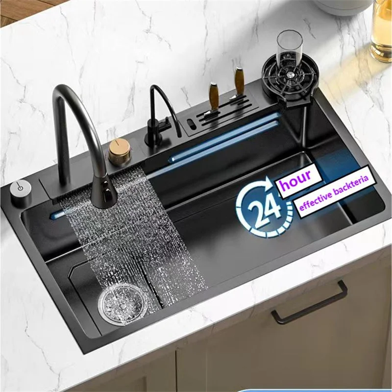 

304 Stainless Steel Kitchen Waterfall Sink Digital Display Large Single Sink Dish Basin Sink With Multifunction Touch Waterfall