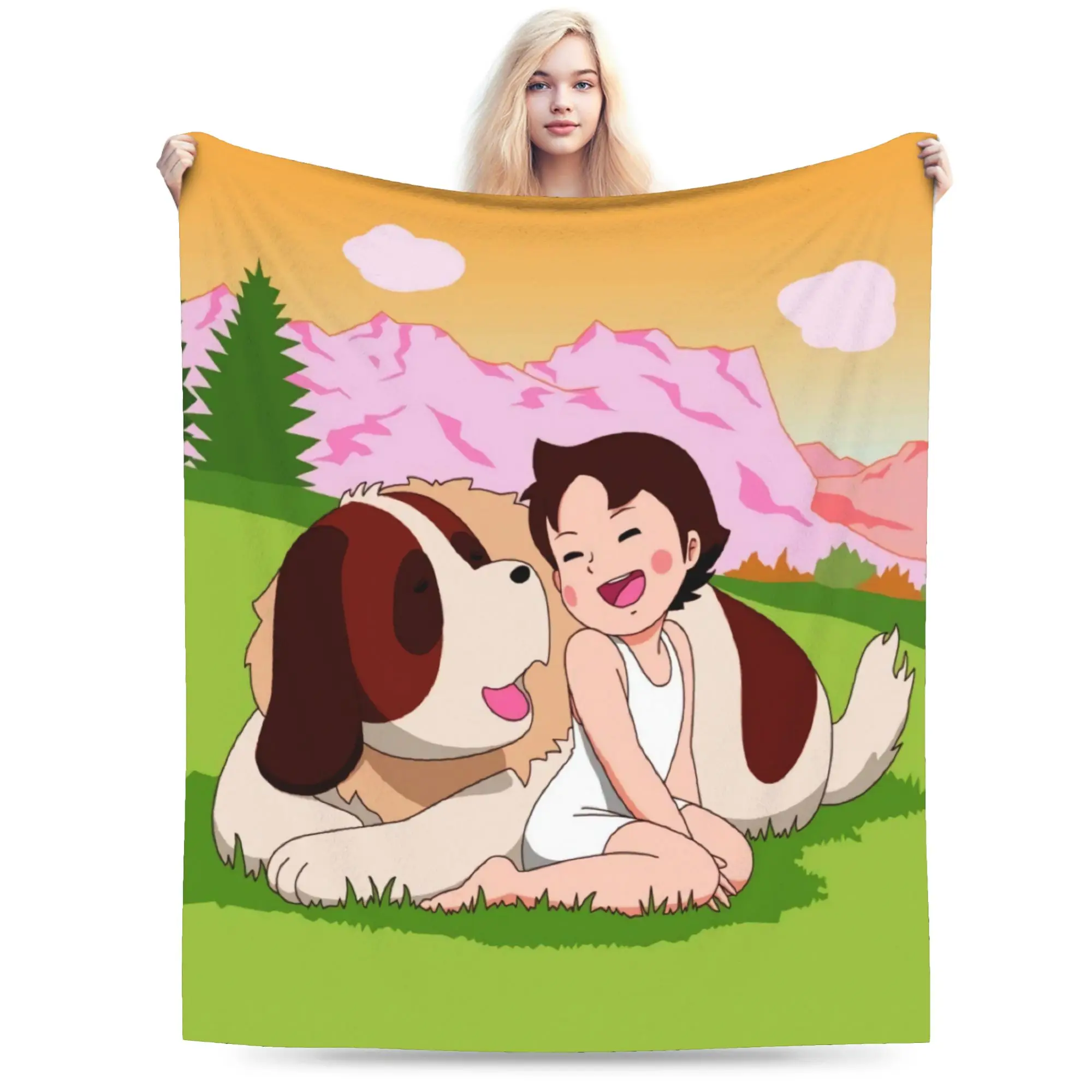 Custom Sofa Fleece Heidi And Goat Throw Blanket Warm Flannel Cartoon Alps Mountain Girl Blankets for Bed Home Couch Quilt