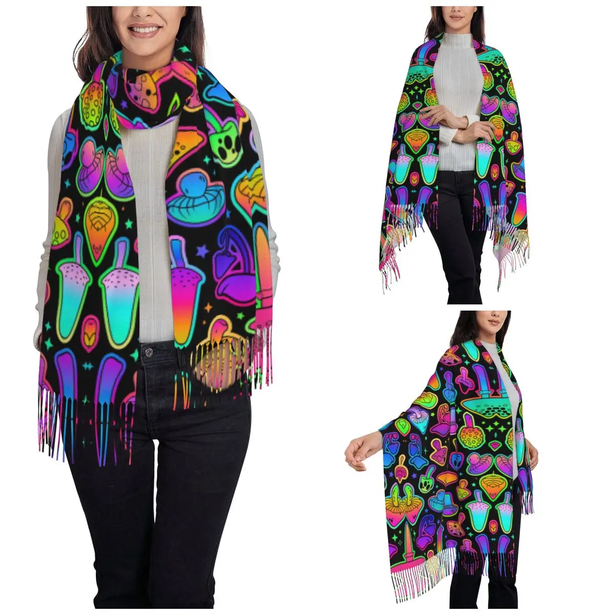 Psychedelic Magic Scarf for Women Fall Winter Cashmere Shawl Wrap Mushrooms Long Scarves with Tassel Lightweight