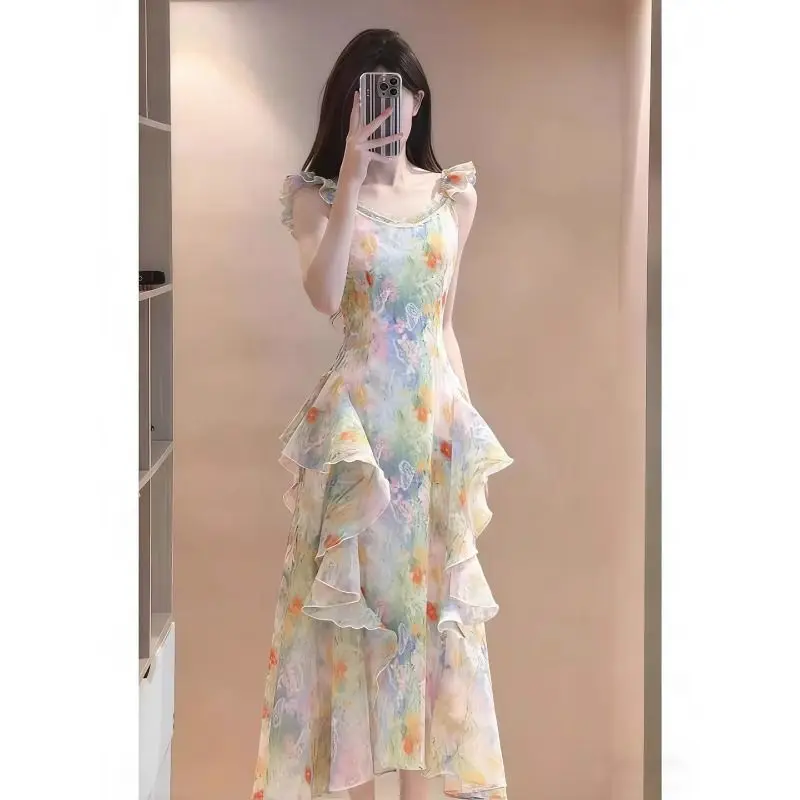 Seaside Vacation Floral Spaghetti Strap Dress 2026 Summer Elegance Sophisticated Uniquely Beautiful, French Waist-cinching Dress