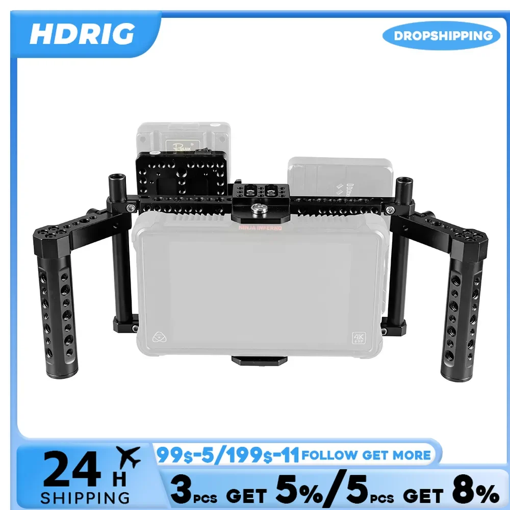 HDRIG Adjustable 7inch Camera Monitor Cage Rig With Dual Cheese Handle V Power Supply Splitter Baseplate Photography Accessories