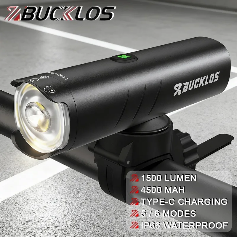 BUCKLOS 1500LM feux de vélo en alliage d'aluminium feu avant de vélo IP66 étanche phare de vélo lampe de cyclisme accessoires de vélo