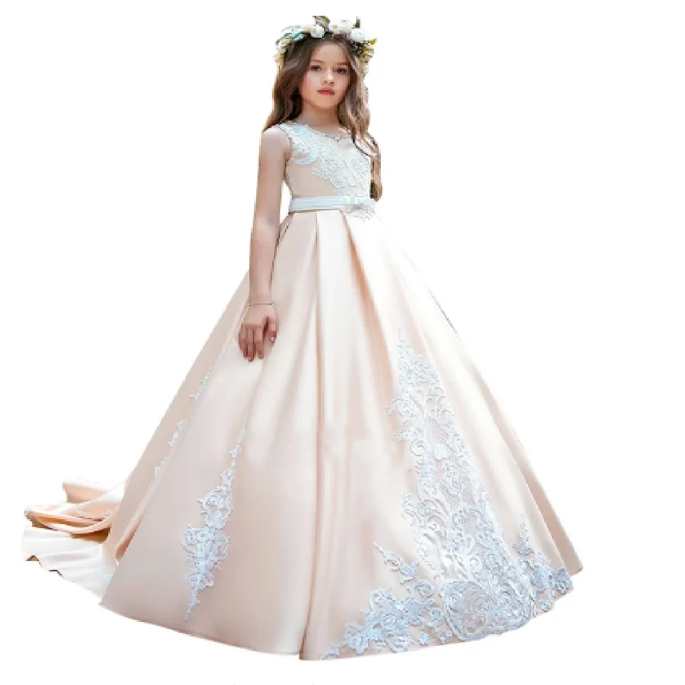 Elegant Flower Girls Dresses Cap Sleeves Lace Appliques Button For Wedding Birthday Party Dresses e Eventos Communion Prom