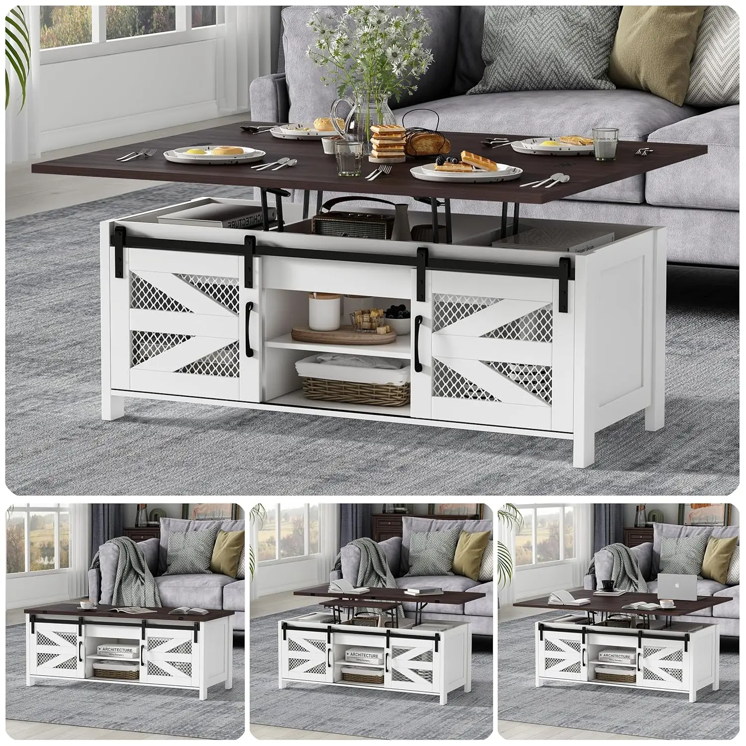 

47.2" Lift Top Coffee Table, 4 in 1 Farmhouse Coffee Table with Storage and Sliding Barn Doors, Coffee Tables for Living Room, D