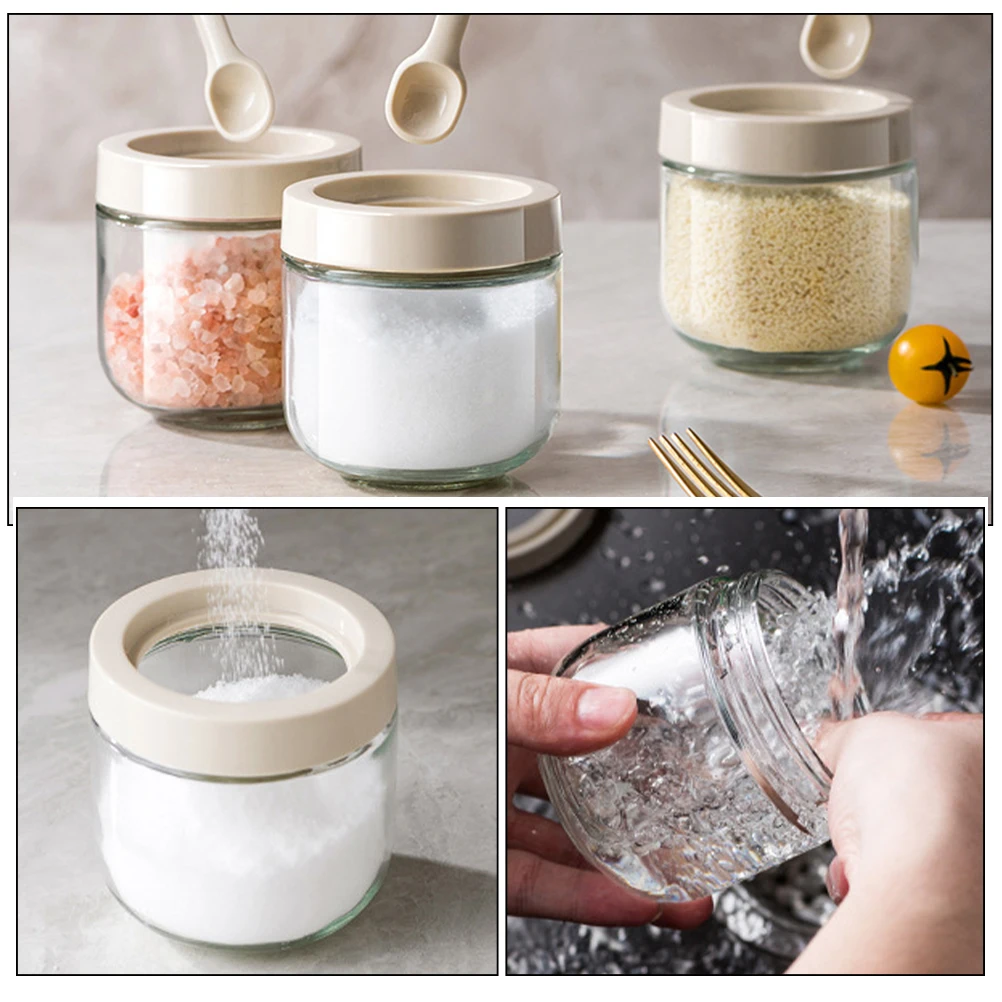 

Glass Spice Storage Jar Airtight Seasoning Container Kitchen Salt Pepper Dispenser Condiment Holder with Spoon