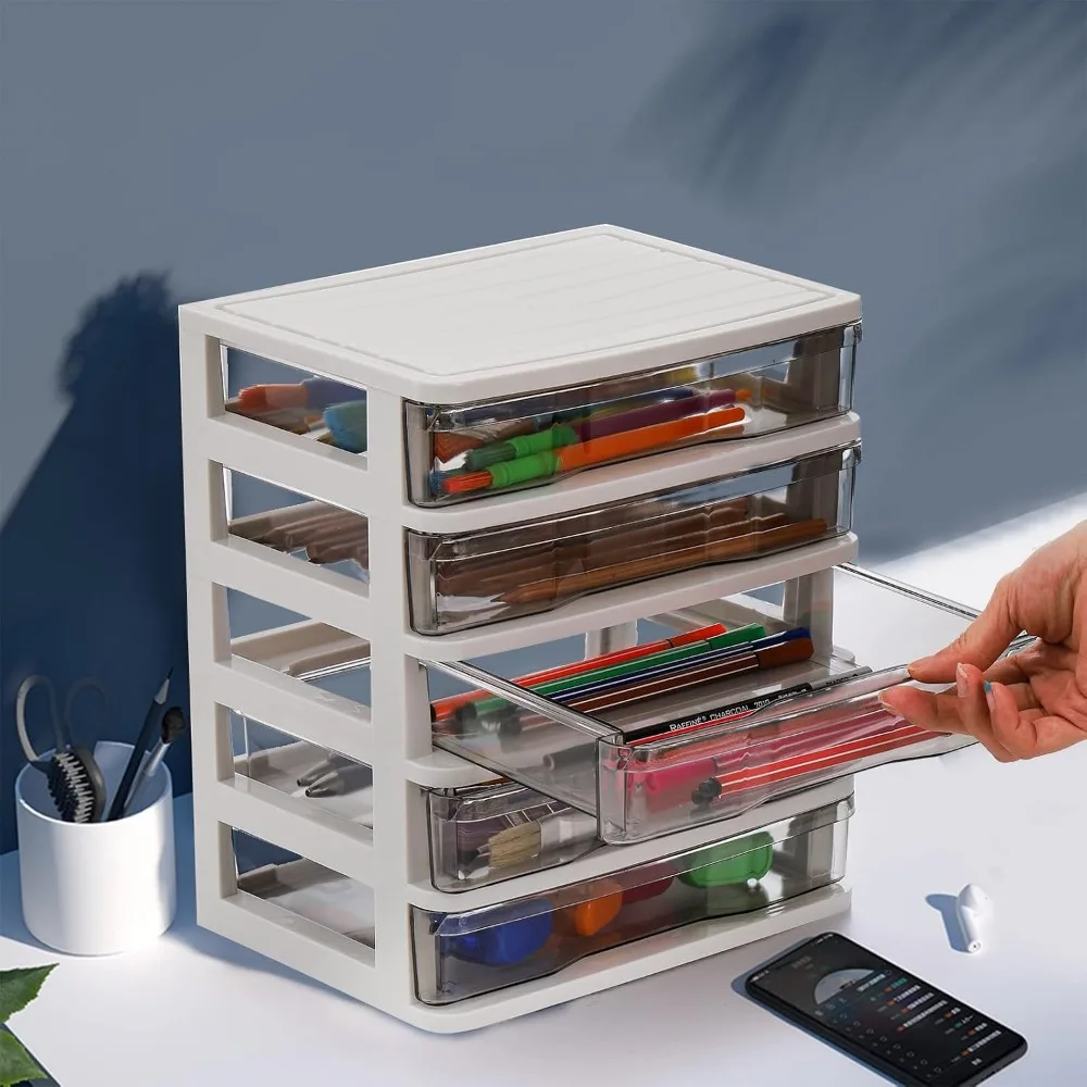 5 Drawer Desktop Storage Organizer, Clear Plastic Small Bin for Office Supplies, Craft, Stationery, White Frame
