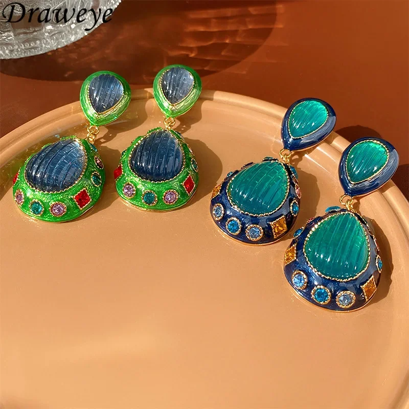 Draweye Vintage Earrings for Women Geometric Glaze Medieval Palace Style Dinner Party Jewelry Luxury Aretes De Mujer