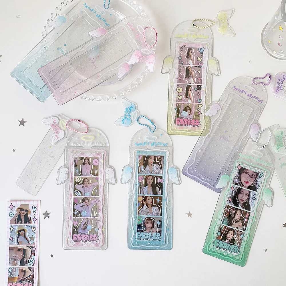 PVC Glitter Transparent Life Four Grid Card Holder Girl Kpop Angel Wings Pendant Long Card Holder Bookmark Card Case image 2