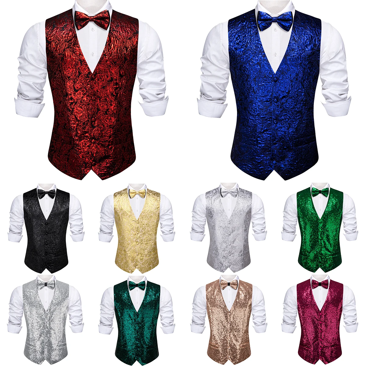 

Luxury Vest for Men Silk Shine Red Blue Silver Gold Green Khaki Solid Plain Waistcoat Bowtie Set Party Formal Barry Wang