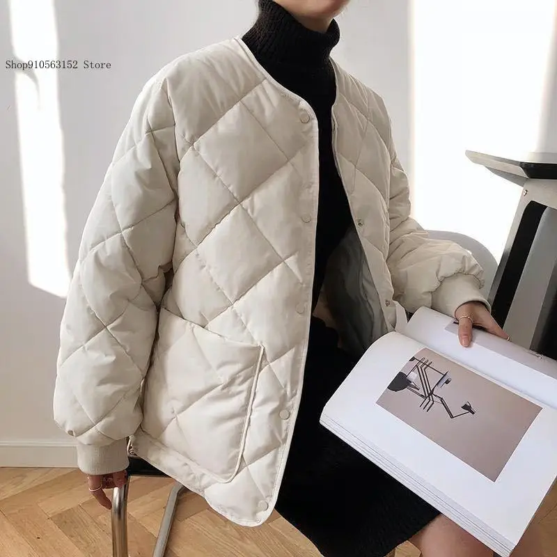 Autumn and Winter Thin Solid Color Loose Round Necked Bread Cotton Jacket Woman Student