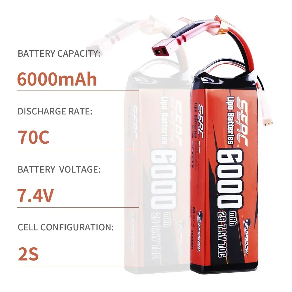 2S Lipo Battery for 7.4V 6000mAh 70C Soft Pack with Deans T Plug RC Car Boat Airplane Truck Tank Vehicle Truggy Buggy