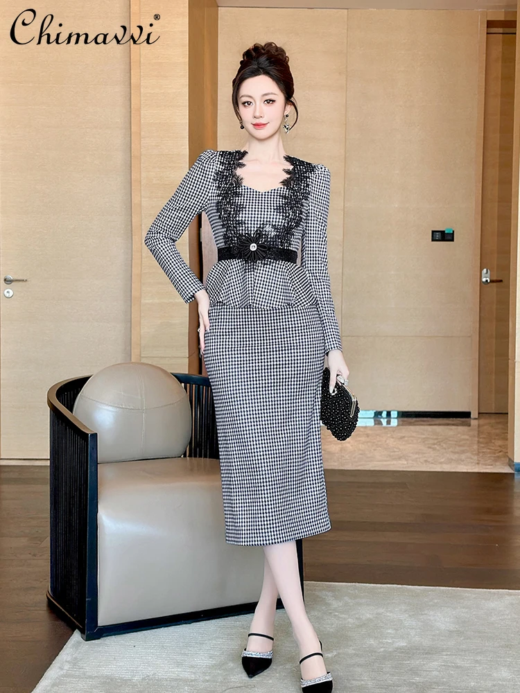 

French Style Elegant Plaid Evening Party Dresses Square Neck Lace Patchwork Long Sleeve High Waist Bodycon Long Dress for Women