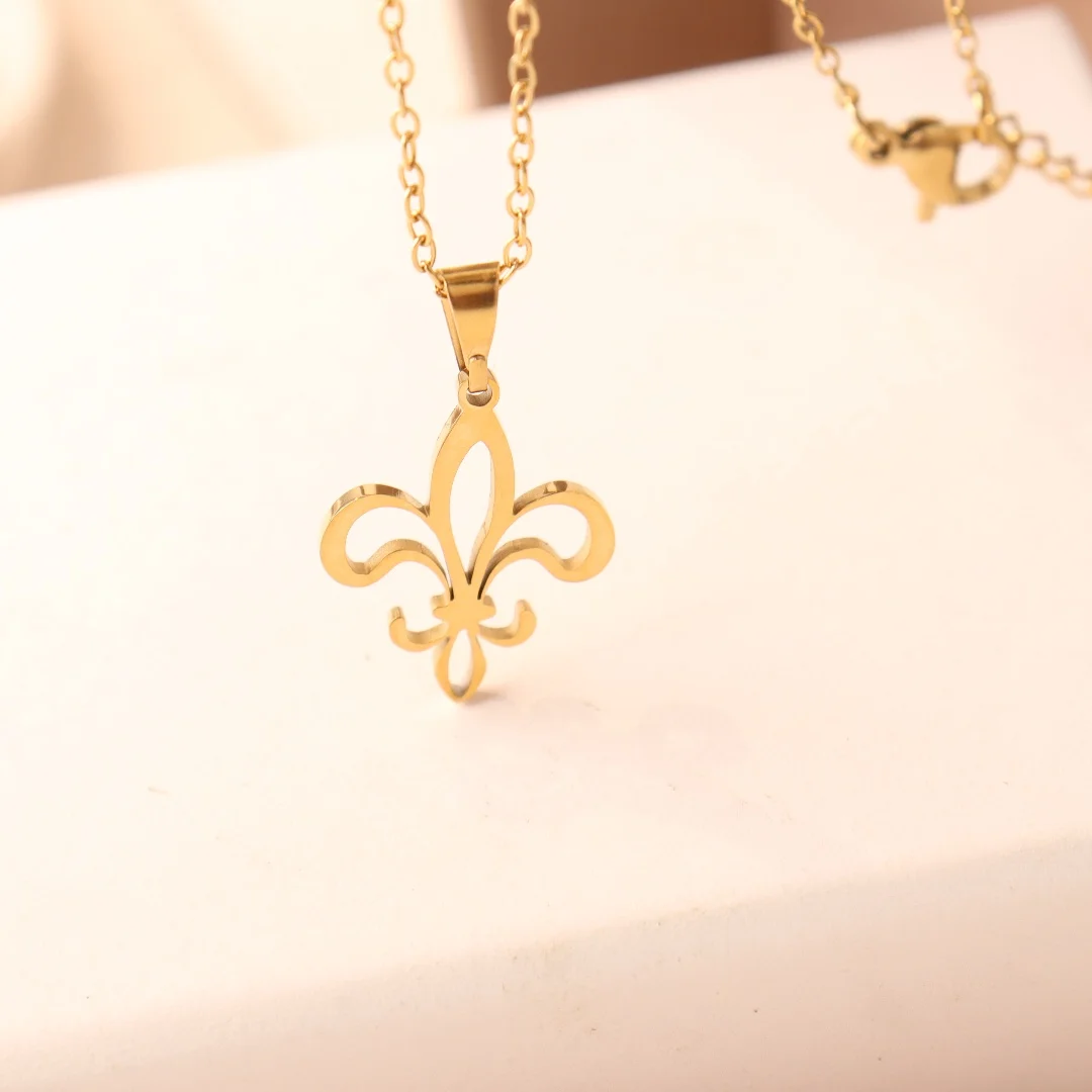 Stainless Steel  Fleur De Lis Necklace Pendant Flower Lily Saint Nicholas Lotus Catholic French Royalty Necklace Women Jewelry