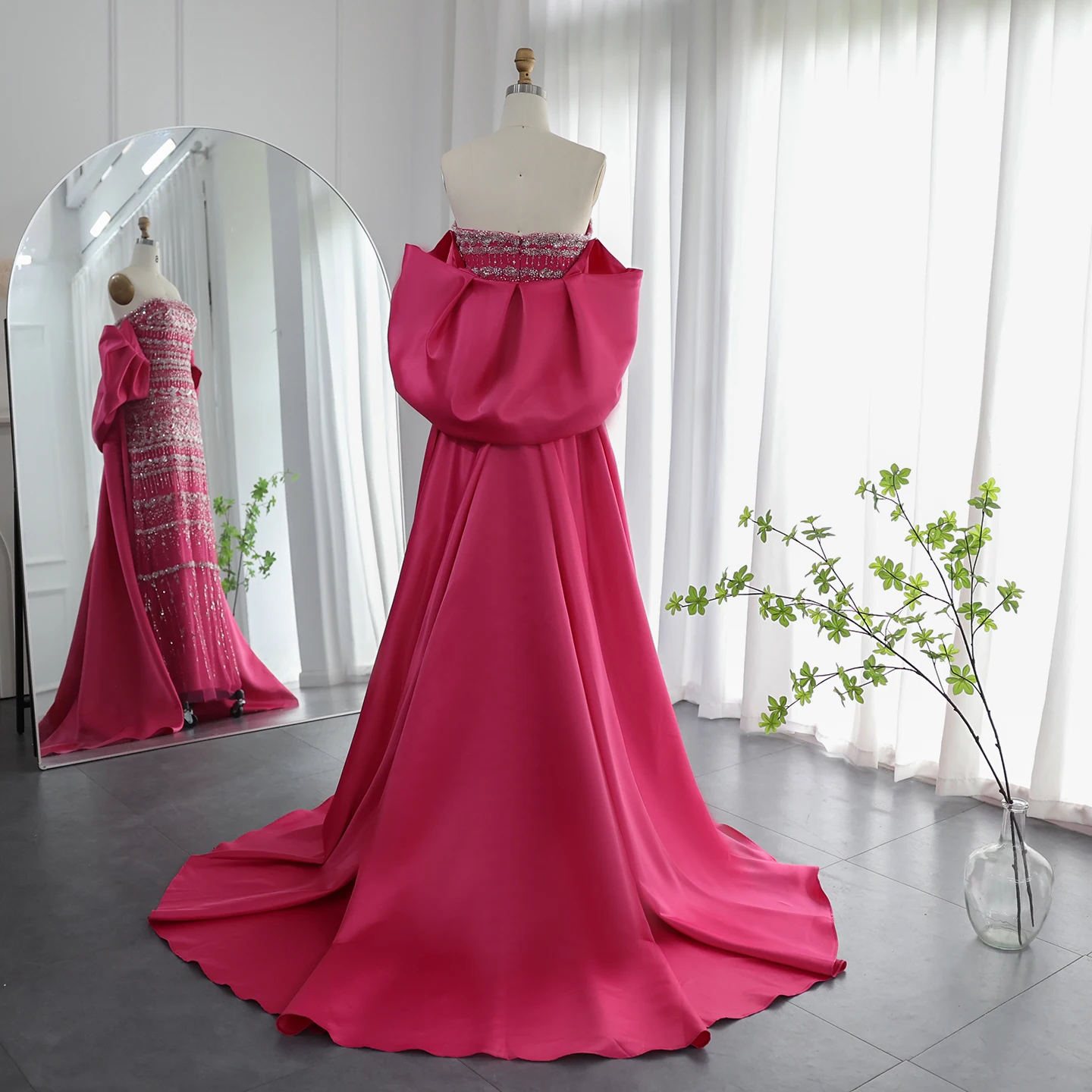 Sharon Said Luxuriöses Salbeigrünes Abendkleid Fliederblau Perlenbesetzt Fuchsia mit Cape für Damen Hochzeitsfeierkleid SS238 Maßanfertigung – Detail 21